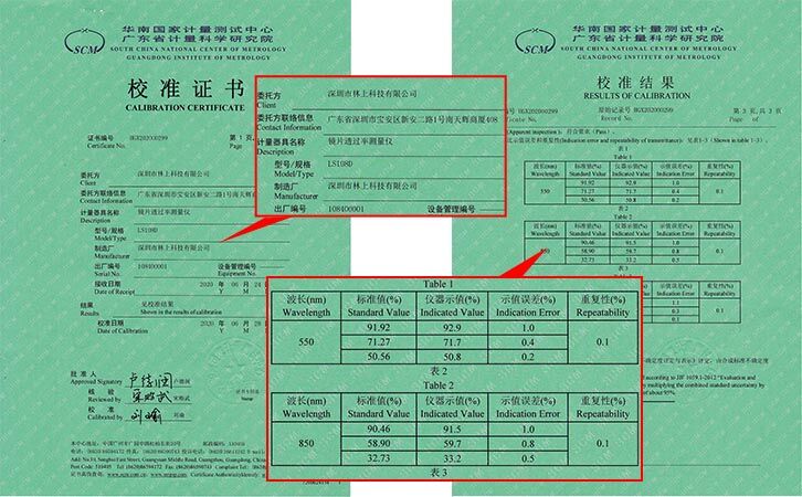 鏡片透過(guò)率測(cè)量?jī)x校準(zhǔn)證書